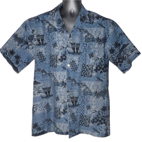 Winnie Fashion Hawaiian Shirt Mens‎ L blue Tropical Pineapple Hokulea Vacation - Picture 1 of 7